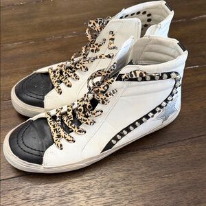 Shu Shop White High-Top Sneakers with Black Toe and Leopard Laces
